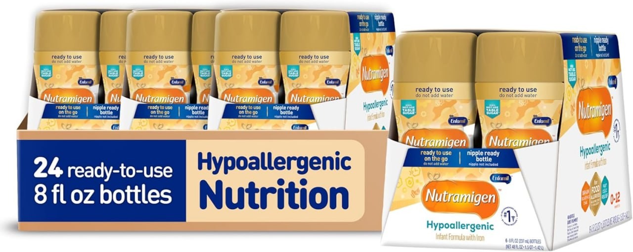 Enfamil Nutramigen Hypoallergenic Baby Formula with Iron, Lactose Free, Colic Relief from Cow's Milk Allergy Starts in 24 Hours, Brain Building DHA, Concentrated Liquid, 8 Fl Oz, 24 Bottles